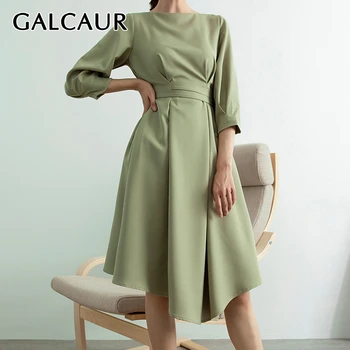 

GALCAUR Korean Dress Women Slash Neck Three Quarter Sleeve High Waist Tunic Lace Up Large Size Female Dresses 2020 Clothes New