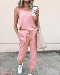 Conjunto de Top y pantalones largos holgados para mujer, ropa deportiva informal sin mangas de color liso con cuello redondo y sin mangas, 2020