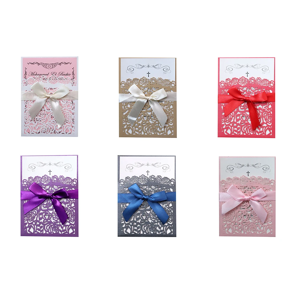  10pcs 18*12.5CM Laser Hollow Rose Group Pocket Wedding Invitation with Bow Invitation Card Decorati - 4.00054E+12