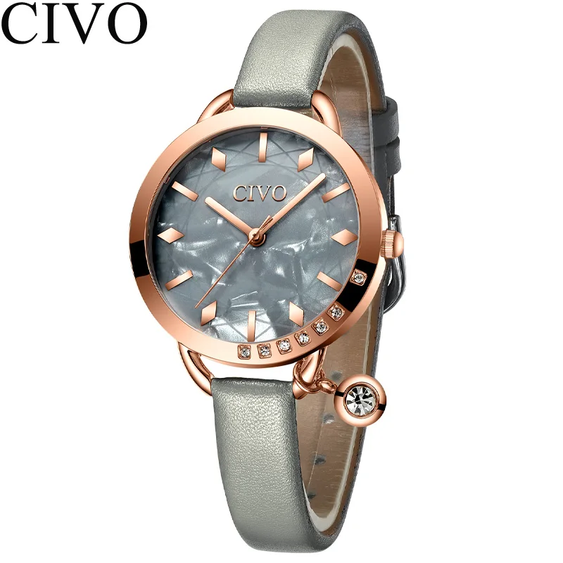 Relogio feminino CIVO модный синий кожаный ремешок женские наручные часы Роскошные Кристальные водонепроницаемые повседневные часы женские подарочные часы - Цвет: leather gray