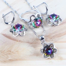 Радужный Кубический Цирконий Свадебный костюм Ювелирные наборы серебро 925 женские свадебные Роскошные ювелирные изделия Кольцо Кулон ожерелье наборы серьги