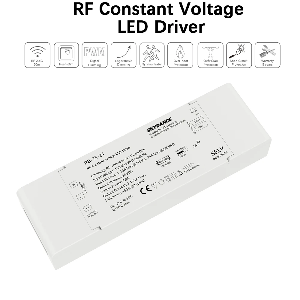 AC100V-240V DC/DC 12V 24V постоянный Напряжение 2,4G RF Диммируемый драйвер светодиодов 75 Вт 1 выходной канал для светодиодный освещения