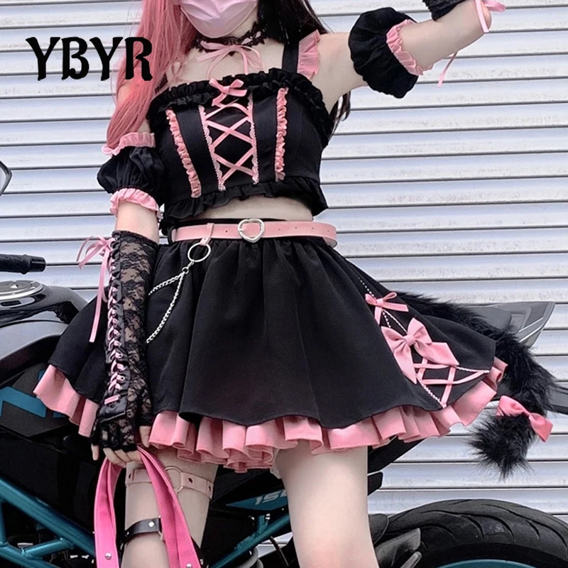 Комплект из 2 предметов топ и юбка в стиле Лолиты с высокой талией плиссированная