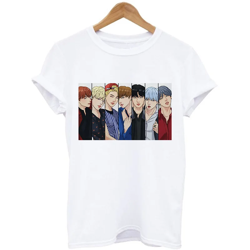JIN SUGA J HOPE JIMIN V JUNGKOOK футболка Женская корейский стиль Bangtan мальчики мультфильм футболки с изображением женская футболка Ulzzang Harajuku - Цвет: 9066