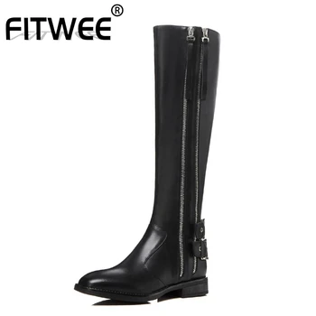 

FITWEE Women Knee High Boots Real Leather Zippers Buckle Black Winter Boots Flats Round Toe Work Shoes Woman Size 34-41