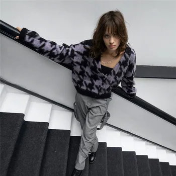 

Harajuku Houndstooth Graphic Deep V-neck Y2K Sweaters Vintage Egirl Punk Style Long Sleeve Buttons Knitted Cardigan Fall 2020