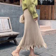 Вязаные юбки для женщин, плиссированная Корейская одежда на осень и зиму, свободная длинная юбка с высокой талией, повседневные юбки Макси