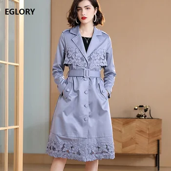 

High Quality New 2019 Autumn Long Coat Trench Women Turn-down Collar Hollow Out Embroidery Single Breasted Coats Windbreaker