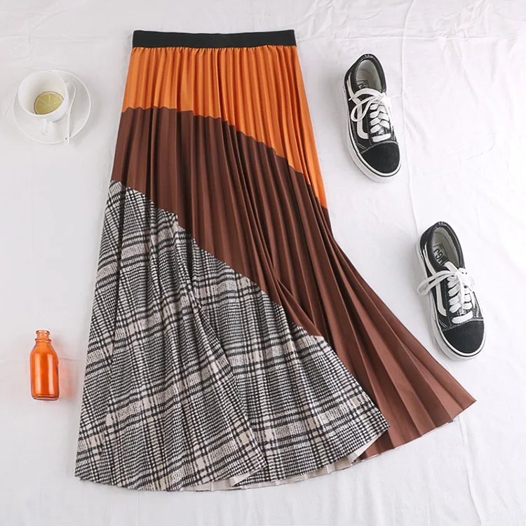 Зеленая, синяя, оранжевая, эластичная, высокая талия, миди, плиссированная, цветная, в клетку, Зимняя юбка для женщин, женские юбки, saias