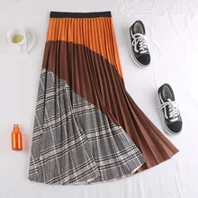 Зеленая, синяя, оранжевая, эластичная, высокая талия, миди, плиссированная, цветная, в клетку, Зимняя юбка для женщин, женские юбки, saias