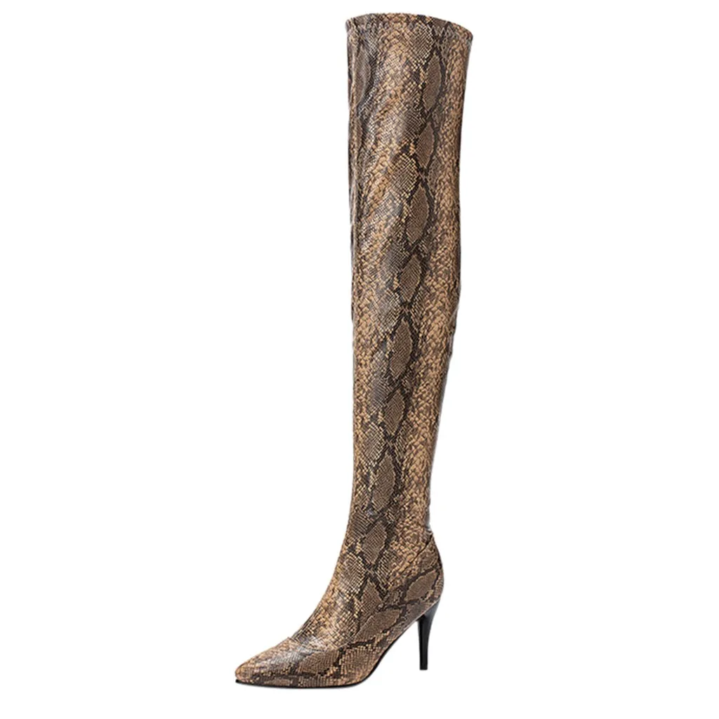 Brown Over the knee Size36-43 Snake Boots For Women Autumn Pointed Fashion Sexy Boots Ladies Shoes Zipper - Цвет: Brown