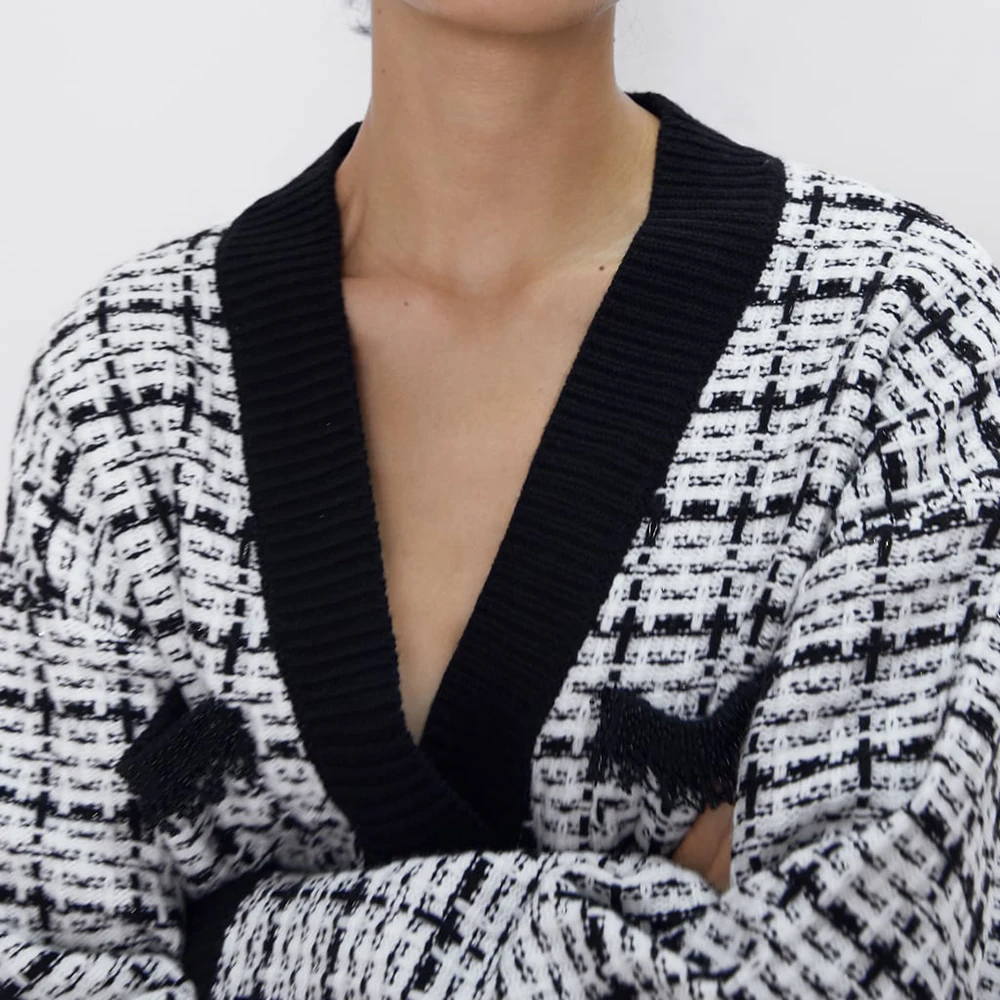 2019 ZA Twill Loose Plaid Cardigan Sweater for Women Long Sleeve V-Neck Knitting Pockets Casual Autumn Winter Wholesale |