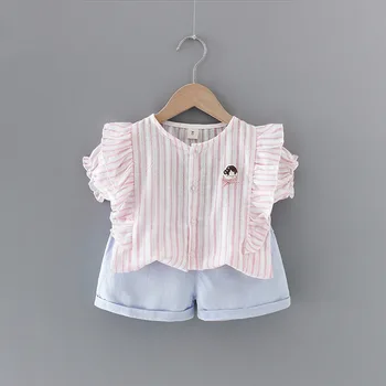 

Female Baby Summer Suit Sweet Ruffled fei xiu Striped Short Sleeve Shorts Two-Piece Set
