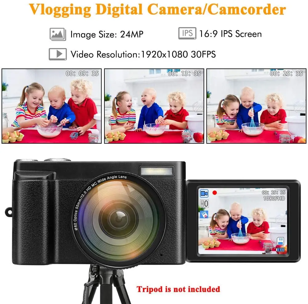 Digital Camera YouTube Vlogging Camera HD 1080P 24MP Video Camcorder 16X Digital Zoom  Wide Angle Lens Pause Function 3.1 Screen
