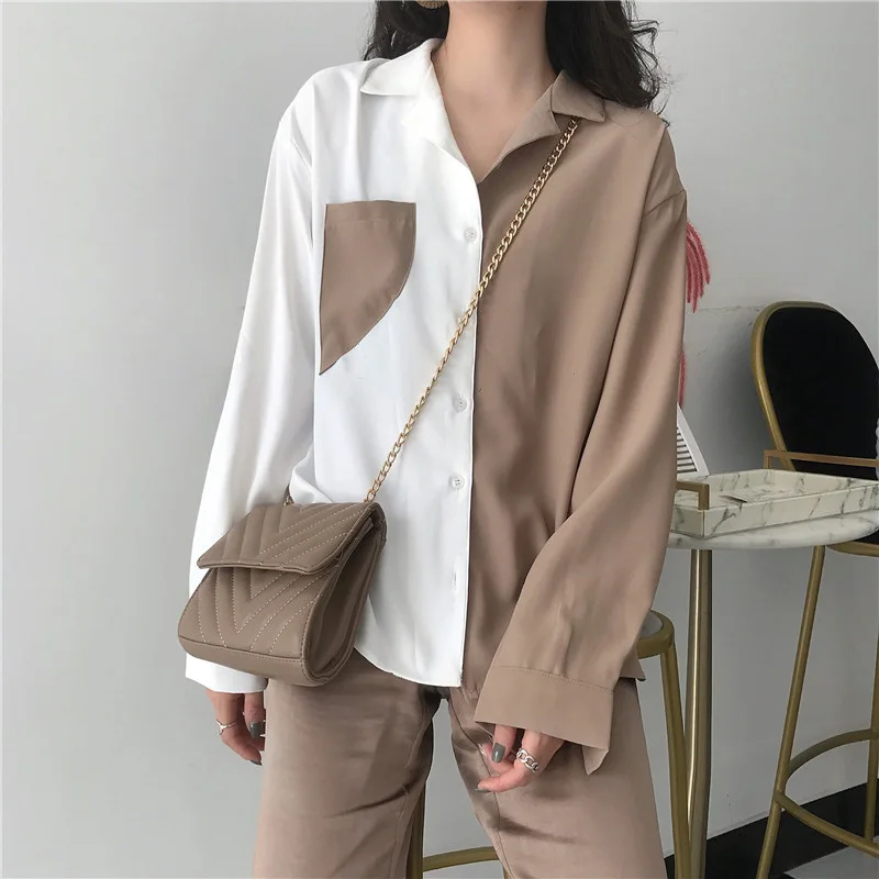 Contrast Color Blouse Women Plus Size Patchwork Tops and Blouses Elegant Shirt Korean Shirts Harajuku Long Sleeve Pockets - Color: Khaki