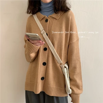 

Women Autumn Winter Turn-down Collar Long Sleeve Sweater Knitted Cardigan Coat Jacket Single Breasted Loose Plus Size Outwear