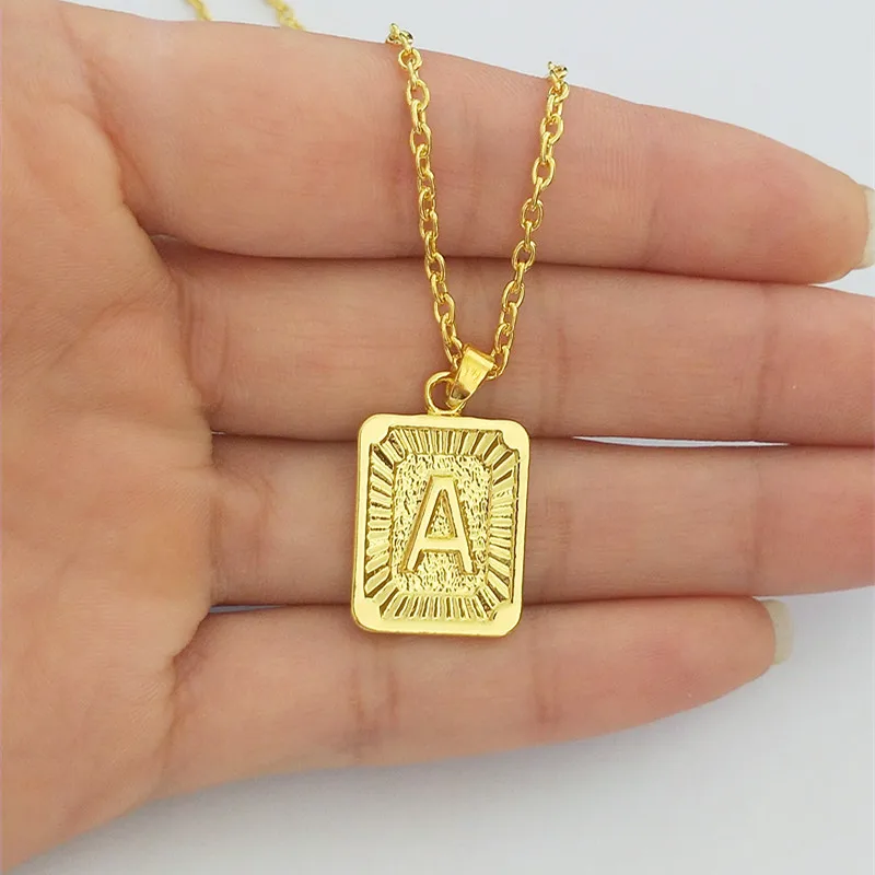 

Gold Initial Letter Pendant Necklace A B C D E F G H I J K L M N O P Q R S T U V W X Y Z Alphabet Rectangle Medallion Collar