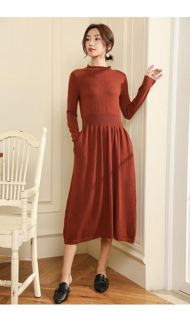Кашемировое вязаное платье для женщин новое о-образным вырезом плюс длинное платье Женская горячая распродажа 4 цвета стандартная одежда