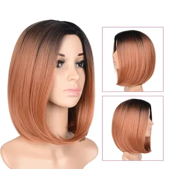 

Ombre Brown Gray Straight Shoulder Length Synthetic Bob Wigs Heat Resistant Hair For Black/White Women Cosplay Or Party BY075