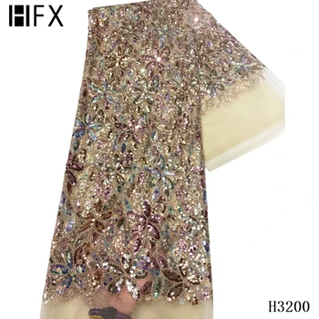 

HFX Gold Nigerian Lace Fabric 2020 High Quality Lace Sequin Lace Fabric African French Lace Fabric with Sequins For Dress F3220
