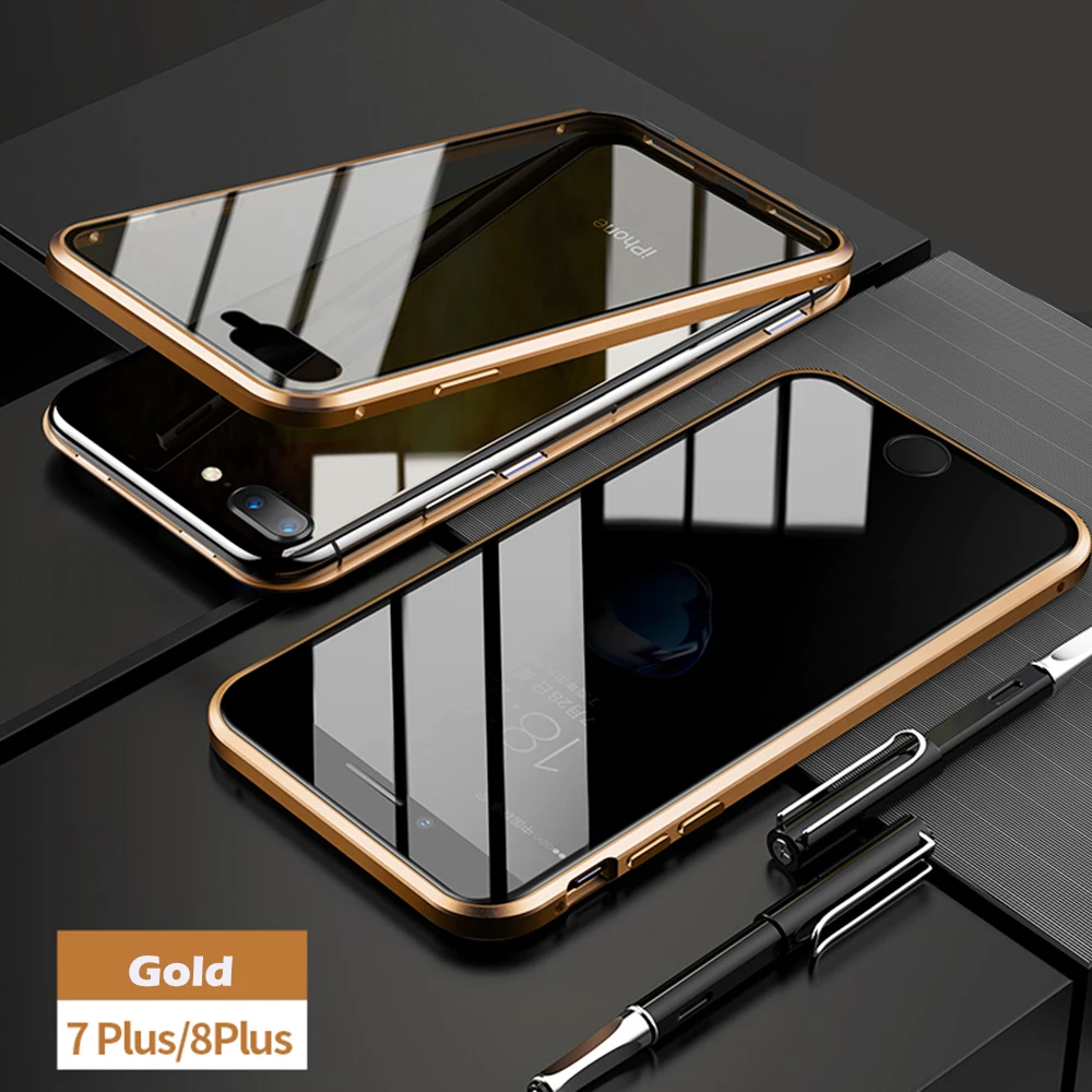 Защитный Магнитный чехол из закаленного стекла для iPhone 11, 11pro, XS MAX, XR, X, защитный магнитный металлический бампер для iPhone 7/8/Plus - Цвет: for 7 8 plus gold