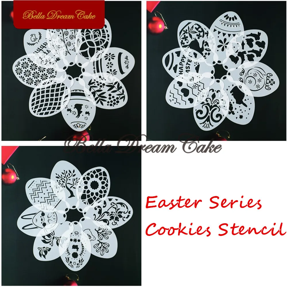 

8pcs/set Easter Egg Design Cookies Stencil DIY Handmade Coffee Stencils Template PET Cake Mold Cake Decorating Tools Bakeware
