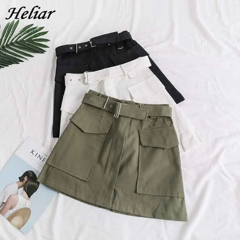 

HELIAR Skirt A-line Mini Casual Streetwear Korean Pocket Skirt Students High Waist Skirt With Belts 2019 Summer Skirt