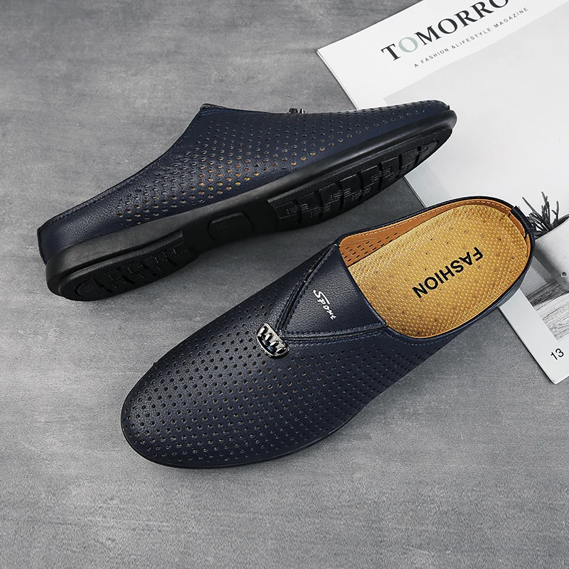 Luxury Designer Italian Men Half Shoes Leather Mens Casual Shoes Drop Ship Coiffeur Mules Man Slides Backless Loafers Slipper 6