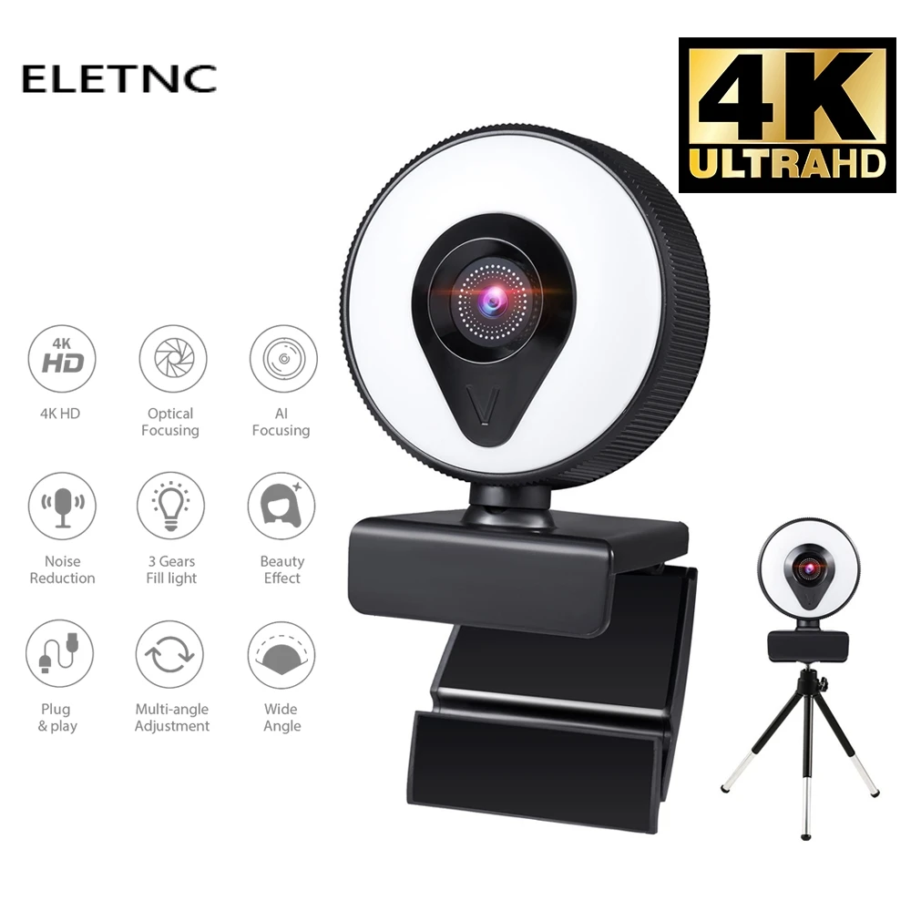 Webcam 4K 2K 1080P With Microphone Auto Focus Web Camera 3 Grades Ring Light Beautify Lighting Video For Live Broadcast Web Cam