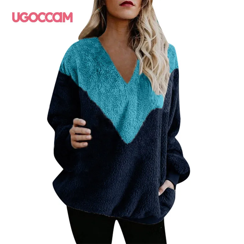 blue UGOCCAM Женская толстовка с v-образным вырезом, Модные осенние свободные пуловеры, пальто, женская блузка, женские джемперы, женские топы - Цвет: blue