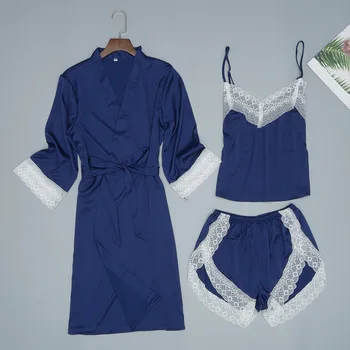 

Summer Women Home Wear Pajamas 3PC Strap Top Pants Suit Sleepwear Sets Nightgown Sexy Lady Kimono Robe Bath Gown Nightdress