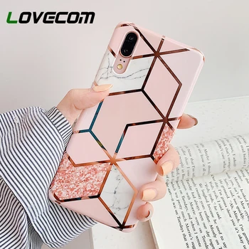 

LOVECOM Electroplate Geometric Marble Phone Case For Huawei P40 P30 P20 Mate 30 20 Pro Lite Anti-Shock Soft IMD Back Cover Gift