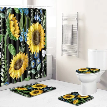 

Anti Skid Shower Curtain Sunflower Printed Floor Mat Bathroom Toilet Set Home Decoration Shower Curtain Accessories
