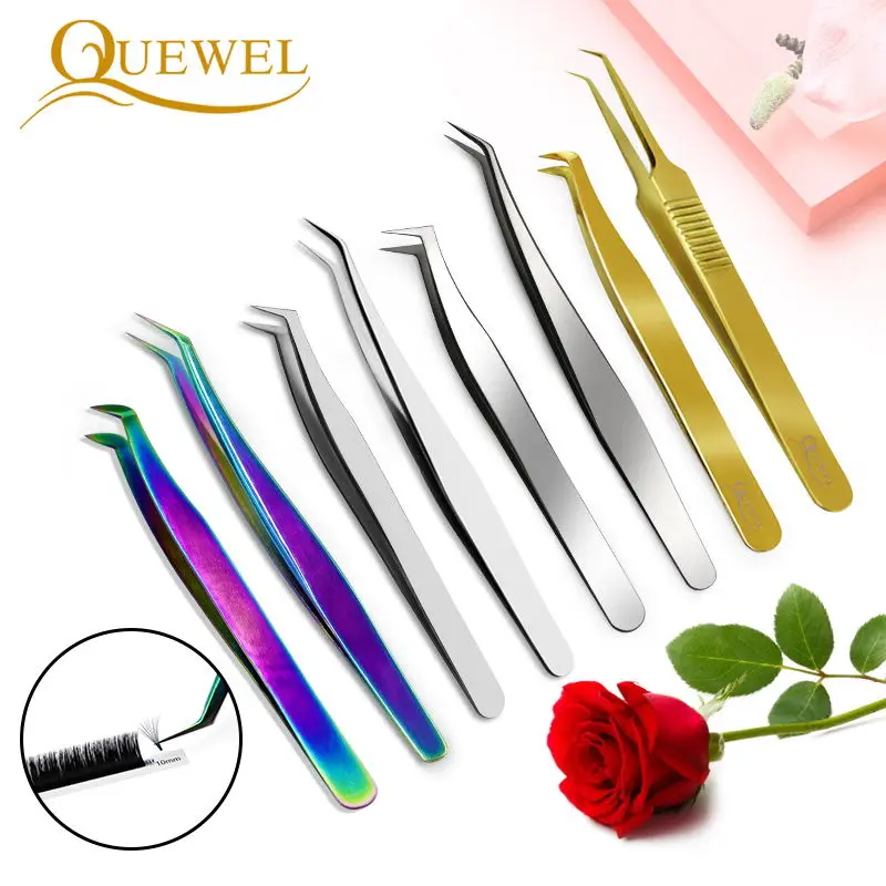 

Quewel Fans Eyelashes Tweezers Russian Volume Bloom Eyelash Extension Tweezers Stainless Precision High-quality Lash Tools