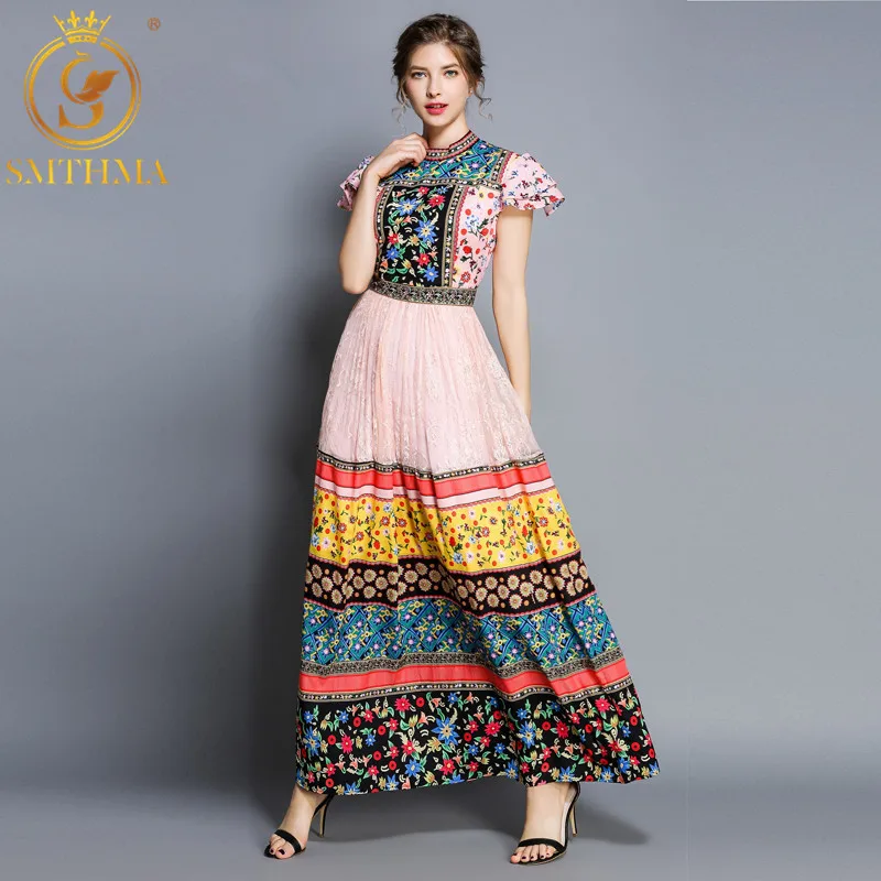 SMTHMA/плиссированные макси платья в этническом стиле с принтом; Новинка года; летнее винтажное кружевное лоскутное платье с принтом; Vestidos