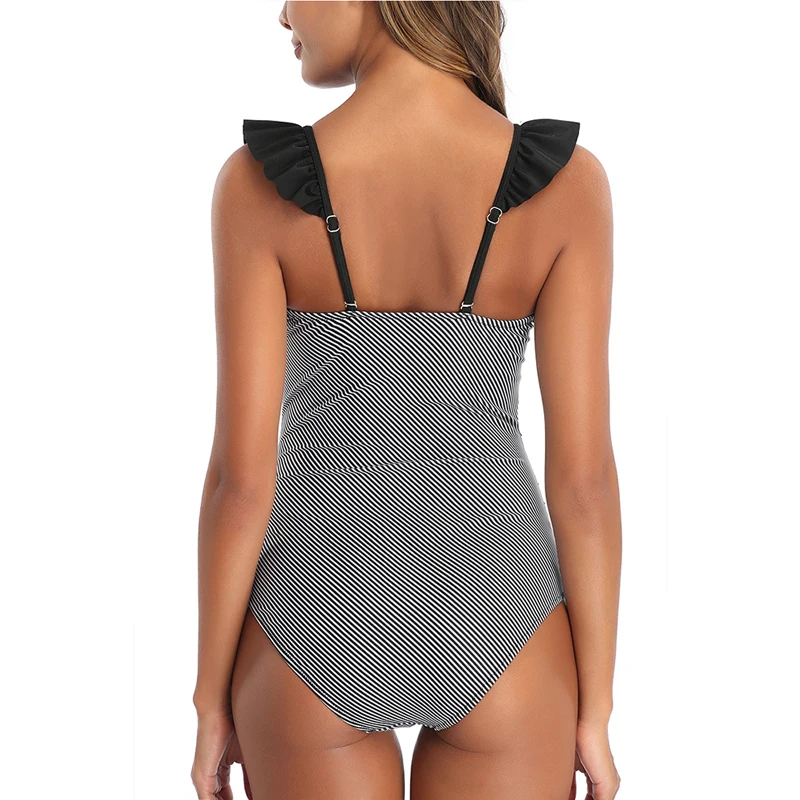 Sexy Women's One-piece Swimsuit Retro Swimsuit V-neck Swimwear Ruffle Printed Swimsuit Slimming High Waist Swimsuit 2020 Summer