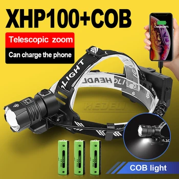 

Most Powerful XHP100 led Headlight 18650 usb Zoom rechargeable head flashlight torch with cob led headlamp xhp90 outdoor lantern