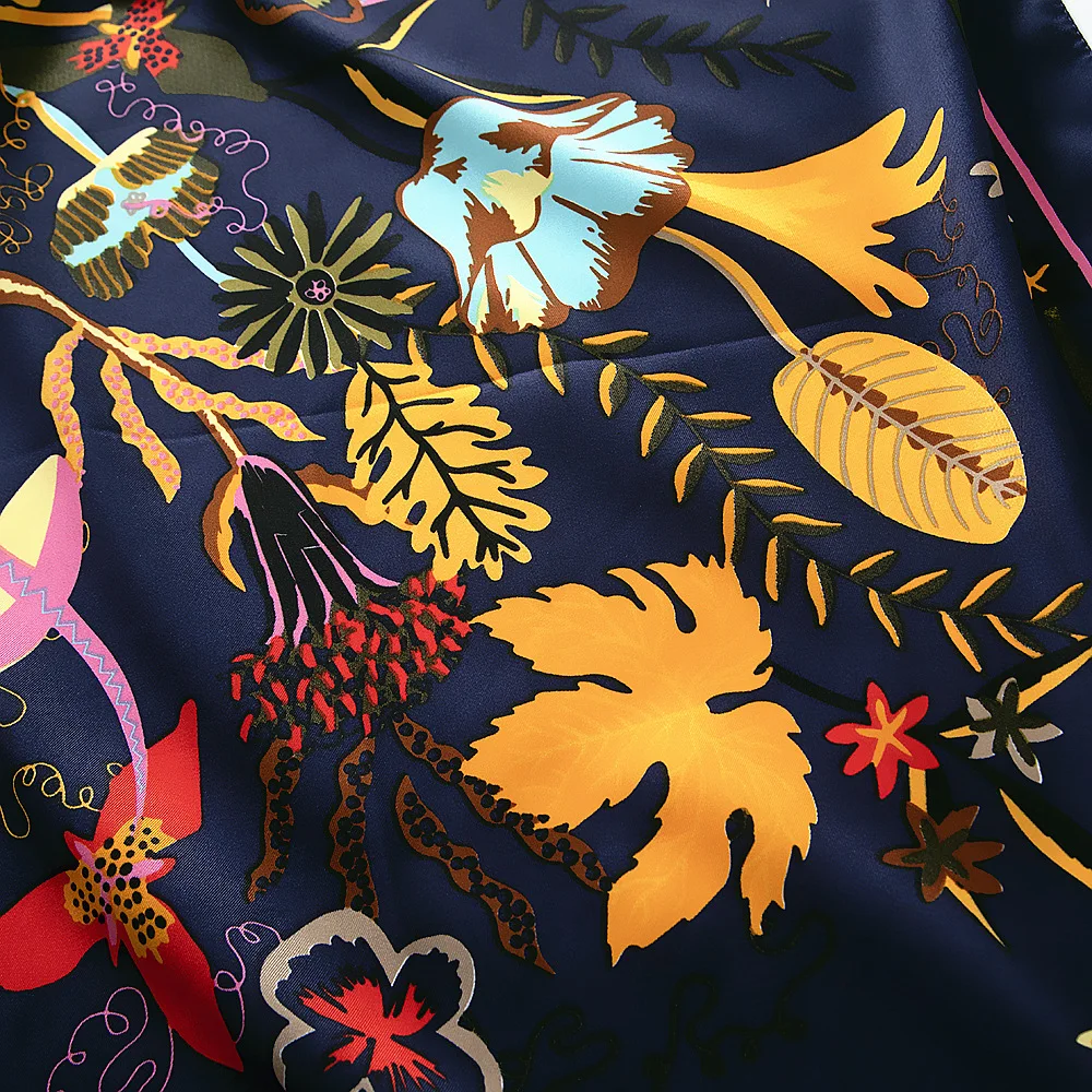 Twill Silk Women Scarf 130*130 cm Pink Flower Print Square Scarves Gift Fashion Shawls Echarpes Foulards Femme Wrap Bandanas