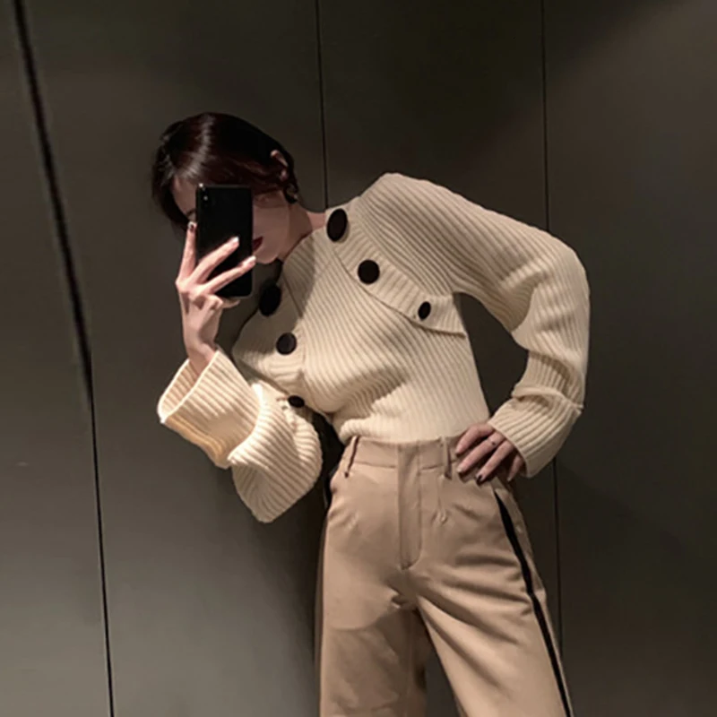 SHENGPALAE New Spring Long Sleeve Square Collar Sweater Short Splice Streetwear Pullovers Women Clothing OC541