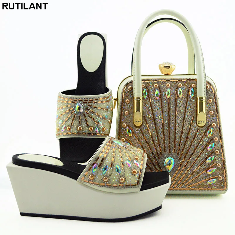 

New Arrival Rhinestoen African Women Wedding Pumps Italian Ladies Shoes and Bags To Match Set Fashion Ladies Sandals with Heels