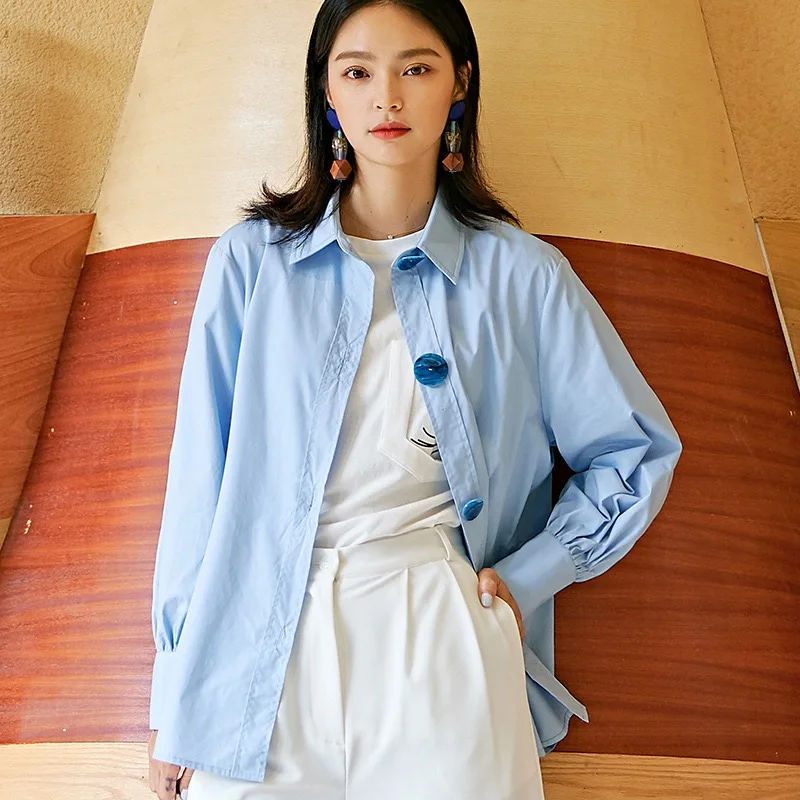 2019 Autumn Original Gloria&ampGrace Fashion Blue Casual Patchwork Button Women Chiffon Oversize Loose TOP Blouse Shirt |