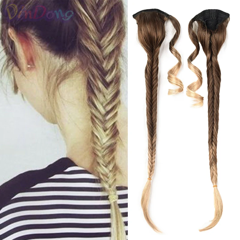 Dindong Fishtail Trecce Dei Capelli Coda Di Cavallo Estensioni 24 Pollici Sintetico Coulisse Coda Di Cavallo Hairpiec