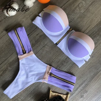 

Rinabe Patchwork Bikini Push Uo Swimwear Female Zip Up Bikini Set Bandeau Swimwear Hollow Out Biquini Bathing Suit Women Bikinis