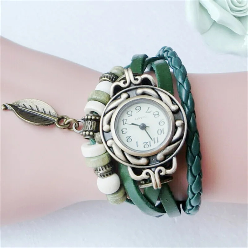 B Fashion Women's Watch Women Children Retro Leather Winding Bracelet Leaf Pendant Watch Vintage Bracelet Relogio Feminino - Цвет: B