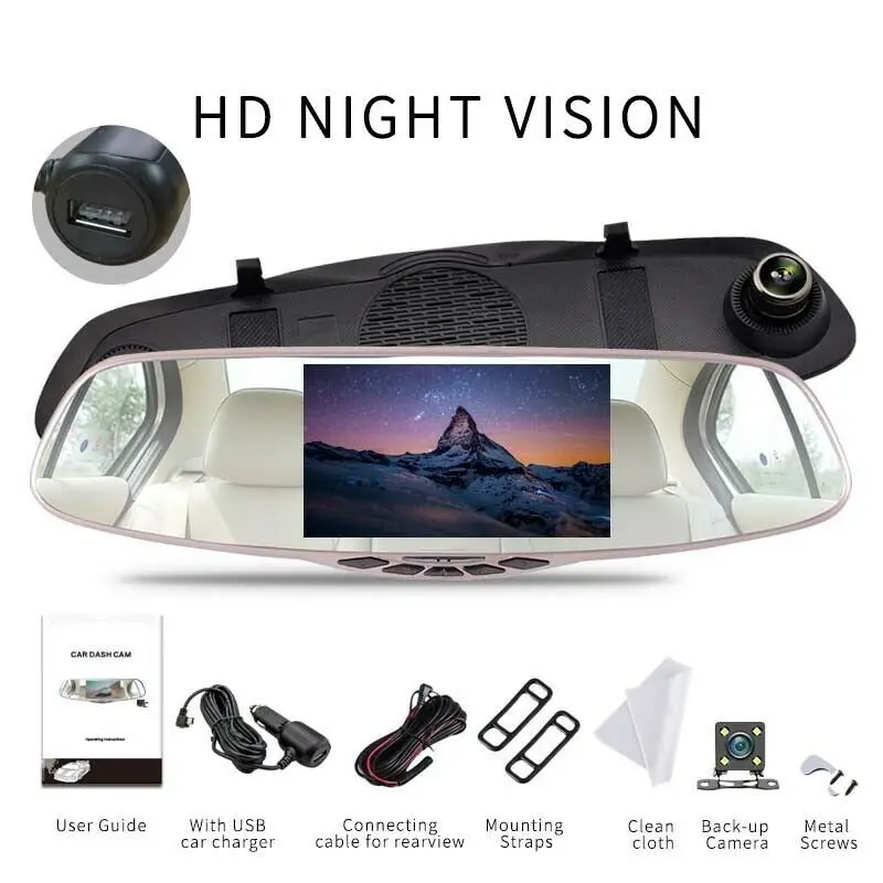 Двойной объектив HD 1086P Автомобильное зеркало заднего вида DVR камера ночного видения