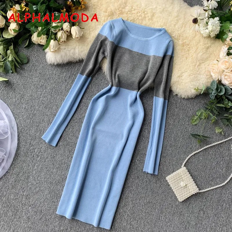 Online ALPHALMODA otoño vestido de fondo mujer 2019 color de manga larga pulóveres Vintage Vestido de punto elegante vestido de invierno