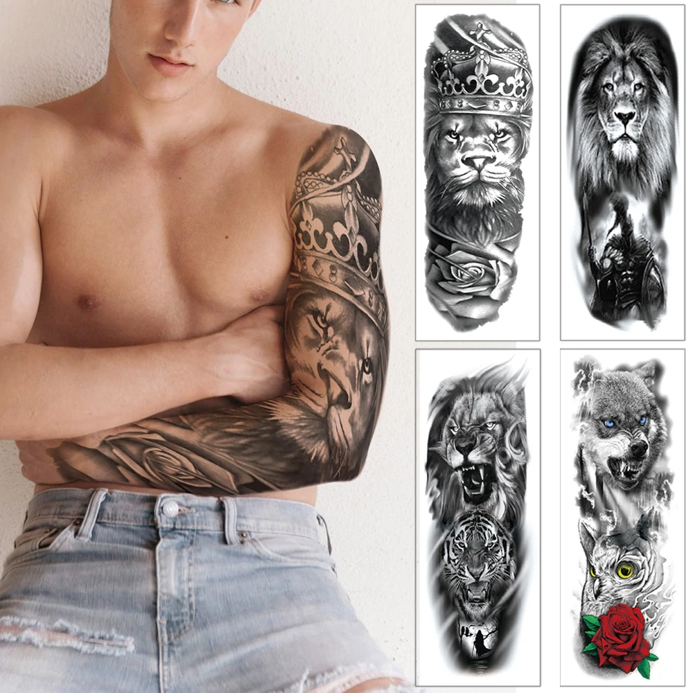 Big Lion Arm Tattoo Sleeve Crown Pink King Waterproof Tattoo Temporary Wolf Sticker Wild Tiger Men Full Tatto Skull Totem Temporary Tattoos Aliexpress