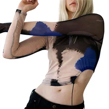 

Womens Casual Sheer Sexy Polyester Round Neck Long Sleeve T-shirt Fashion Print Perspective Drawstring Exposed Navel Tops