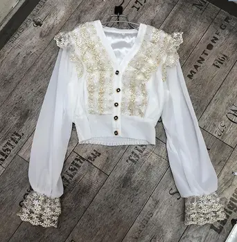 

vintage women short white chiffon shirts european ruffles lace shirts female palace ruffles chiffon tops