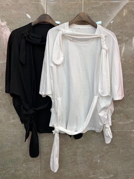 

2020 spring and summer new women's round neck irregular braid stitching decorative short-sleeved solid color wild top 630